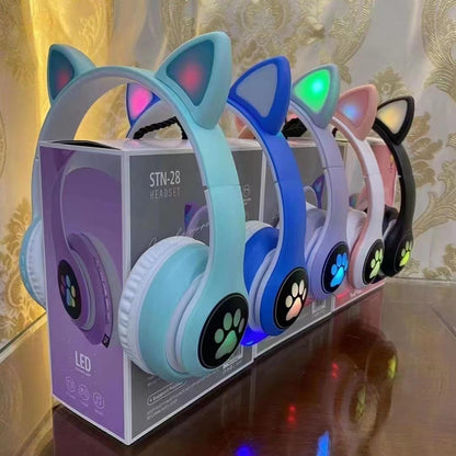 Cat Ear Wireless Bluetooth Headphones for Girls & Kids – STN-28 LED Light Up Foldable Headset - My Store