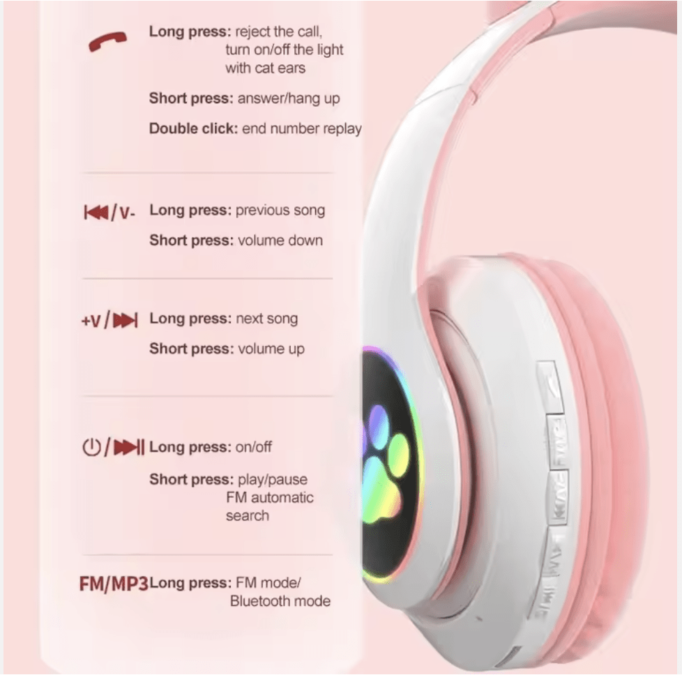 Cat Ear Wireless Bluetooth Headphones for Girls & Kids – STN-28 LED Light Up Foldable Headset - Good2Gomart