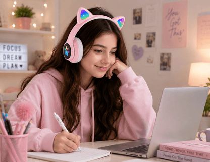 Cat Ear Wireless Bluetooth Headphones for Girls & Kids – STN-28 LED Light Up Foldable Headset - Good2Gomart