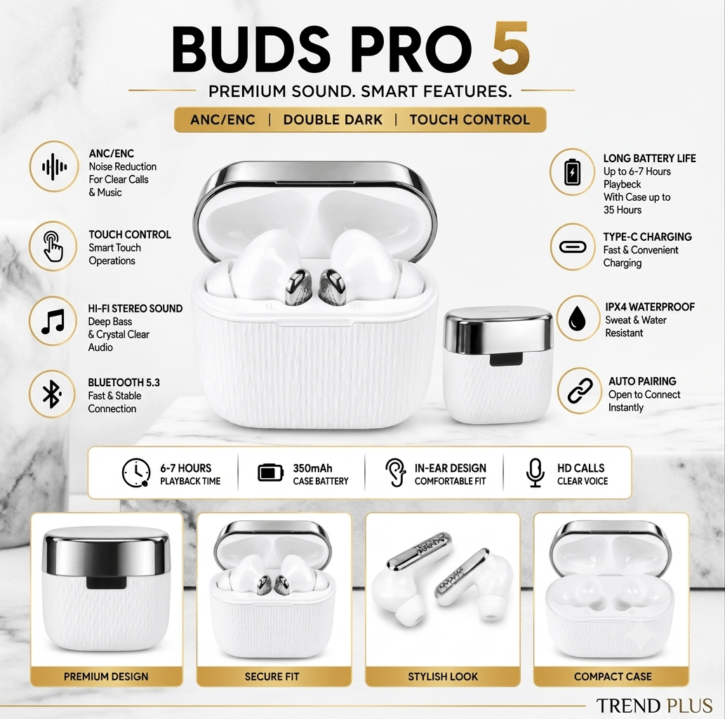 Pro 5 Buds – TWS Wireless Bluetooth 5.0 Earbuds with Charging Case, Touch Control & Super Bass - My Store