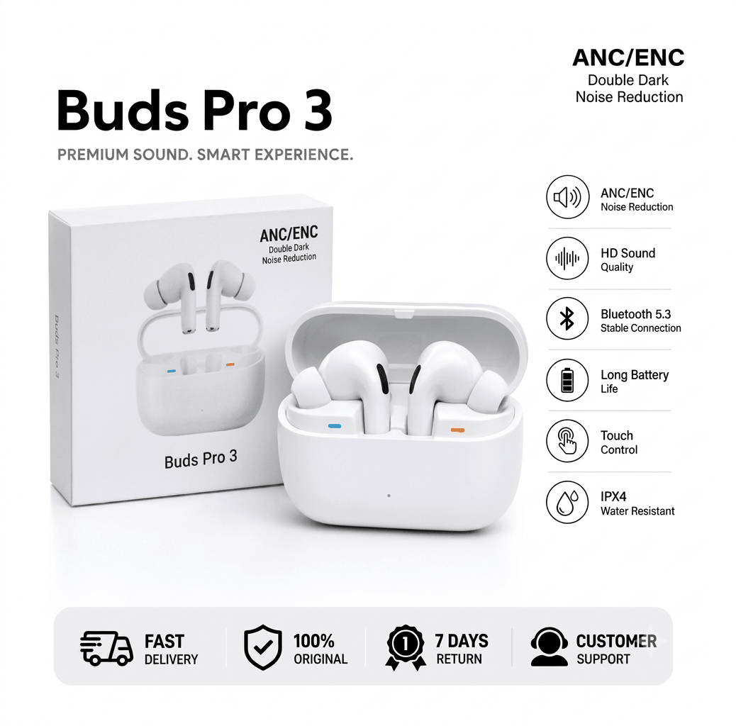 Buds Pro 3 – TWS Wireless Bluetooth 5.0 Earbuds with Charging Case, Touch Control & Mic - My Store