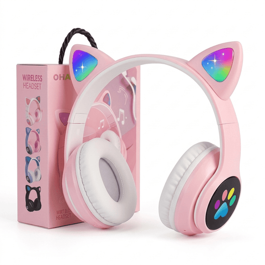 Cat Ear Wireless Bluetooth Headphones for Girls & Kids – STN-28 LED Light Up Foldable Headset - Good2Gomart