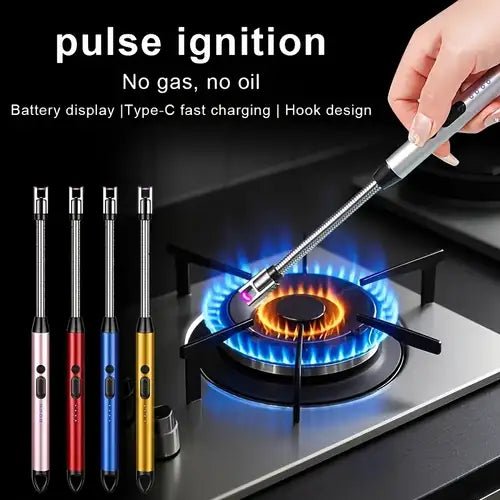 Rechargeable Pulse Ignition Electric Lighter with Flexible Neck, Type-C Charging, Battery Display, and Hook Design for Kitchen Use - Good2Gomart