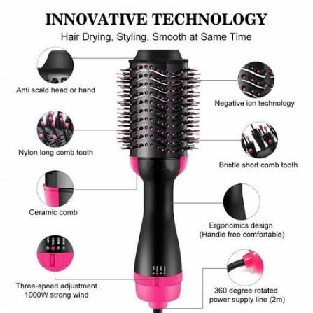 3-in-1 Hot Air Brush | Hair Dryer, Styler & Straightener – 1000W Negative Ion Ceramic Brush - Good2Gomart